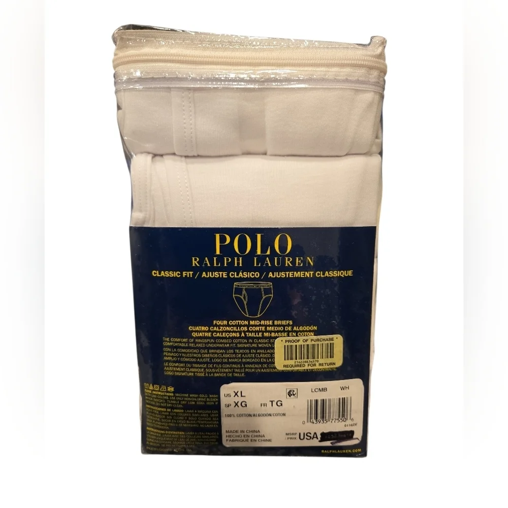 POLO RALPH LAUREN SET OF 4 CLASSIC FIT COTTON MID-RISE BRIEFS.SIZE X-LARGE WHITE